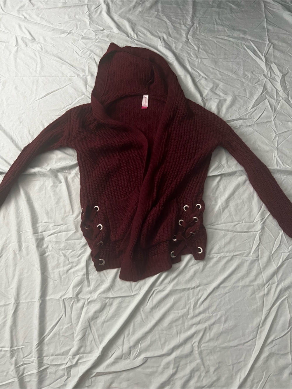 Women's Lace-Up Knit Sweater Hoodie in Deep Burgundy